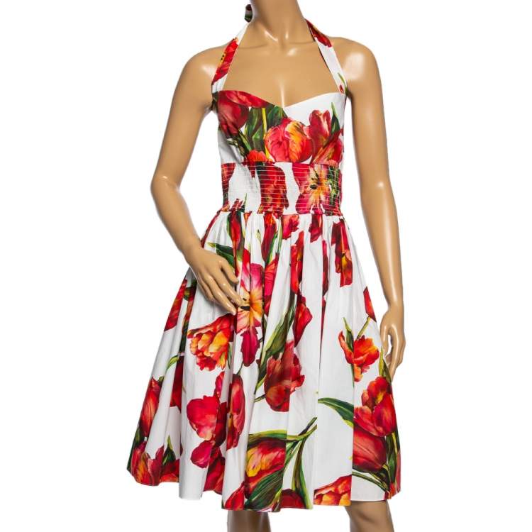 Pre Owned Dolce & Gabbana White & Red Tulip Printed Halter Neck Dress XL