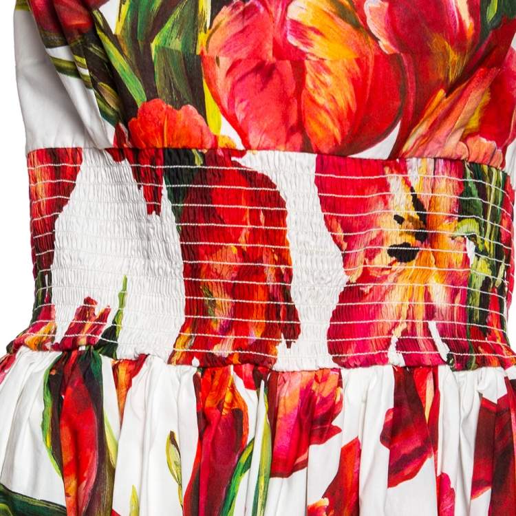 Pre Owned Dolce & Gabbana White & Red Tulip Printed Halter Neck Dress XL