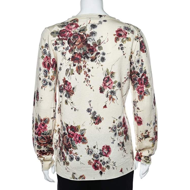 Pre Owned D&G Cream Floral Printed Wool Button Front Cardigan L 