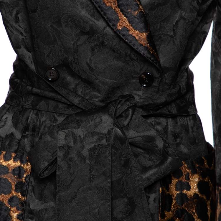Pre Owned Dolce & Gabbana Black & Leopard Print Trimmed Jacquard Belted Coat S