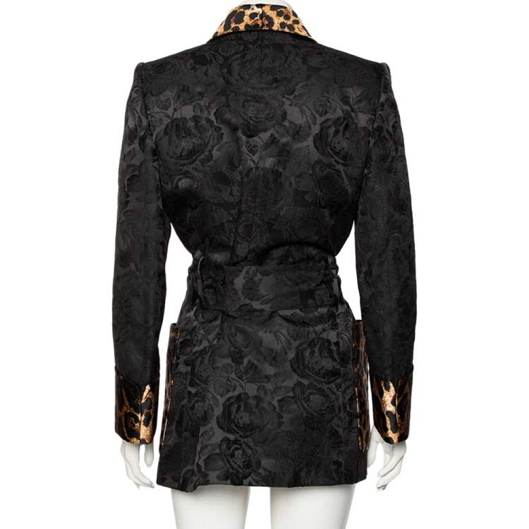 Pre Owned Dolce & Gabbana Black & Leopard Print Trimmed Jacquard Belted Coat S