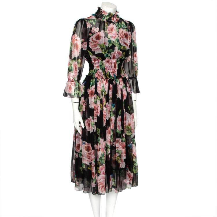Pre Owned Dolce & Gabbana Black & Prink Rose Printed Silk Smocked Midi Dress S