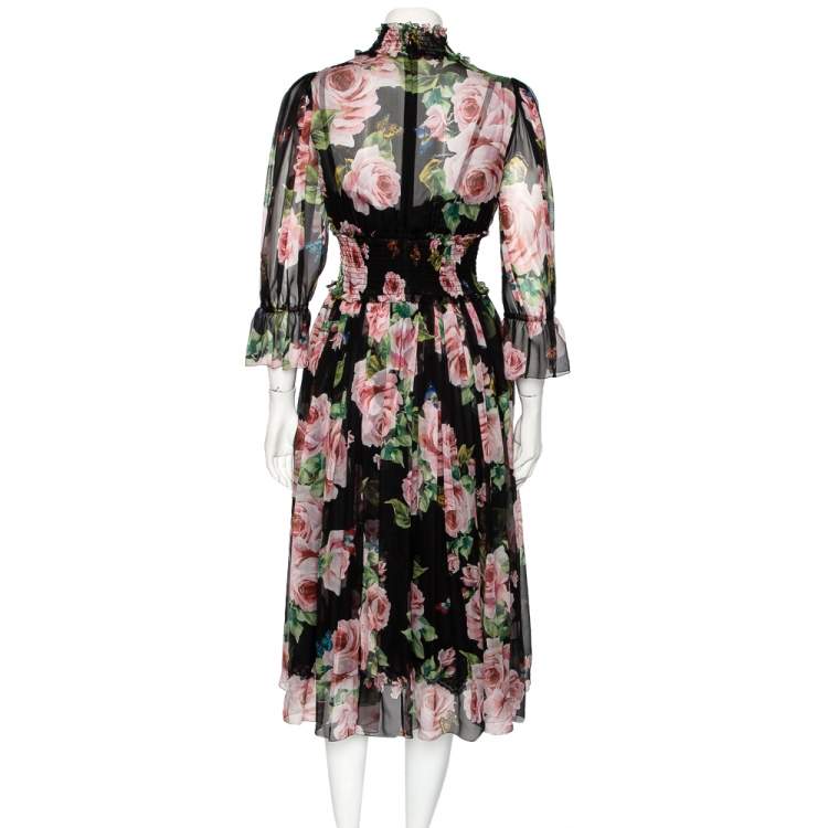 Pre Owned Dolce & Gabbana Black & Prink Rose Printed Silk Smocked Midi Dress S
