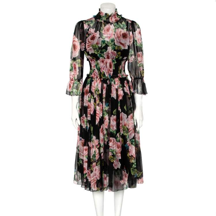 Pre Owned Dolce & Gabbana Black & Prink Rose Printed Silk Smocked Midi Dress S