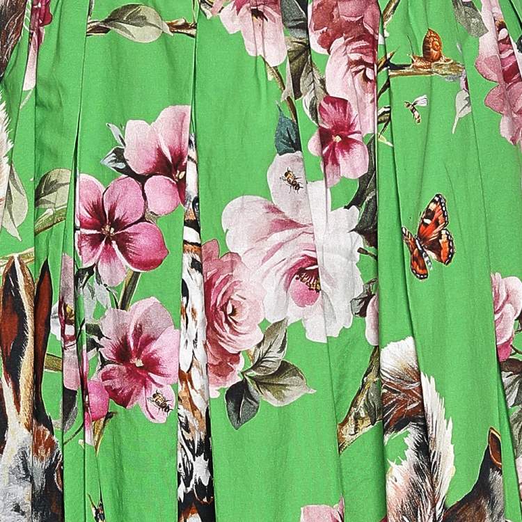 Pre Owned Dolce & Gabbana Green Enchanted Forest Printed Cotton Midi Dress XS