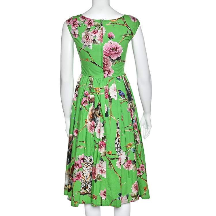 Pre Owned Dolce & Gabbana Green Enchanted Forest Printed Cotton Midi Dress XS