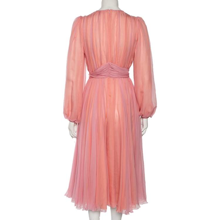 Pre Owned Dolce & Gabbana Pink Silk Chiffon Embellished Detailed Midi Dress S