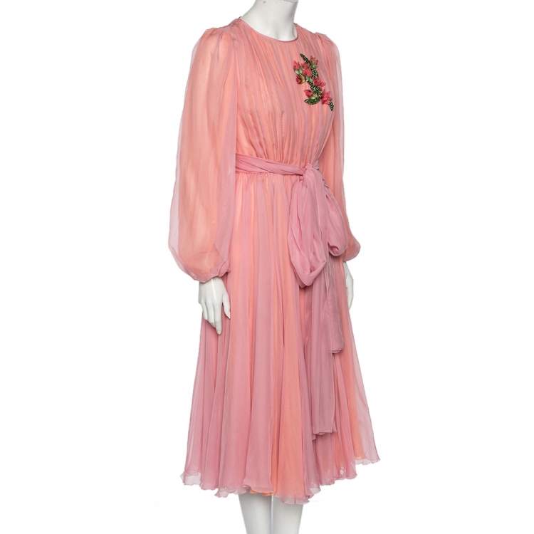 Pre Owned Dolce & Gabbana Pink Silk Chiffon Embellished Detailed Midi Dress S