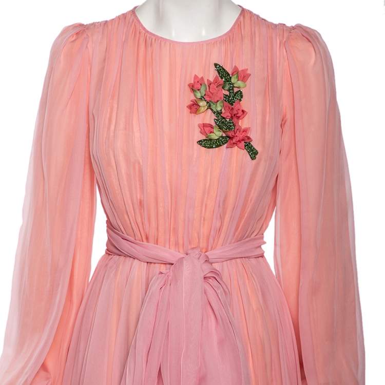 Pre Owned Dolce & Gabbana Pink Silk Chiffon Embellished Detailed Midi Dress S