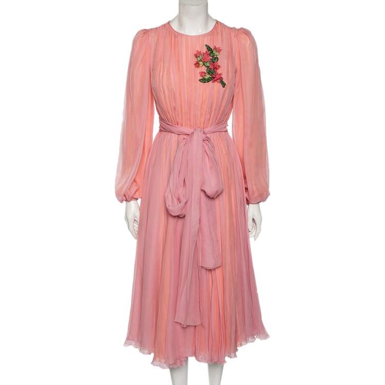 Pre Owned Dolce & Gabbana Pink Silk Chiffon Embellished Detailed Midi Dress S