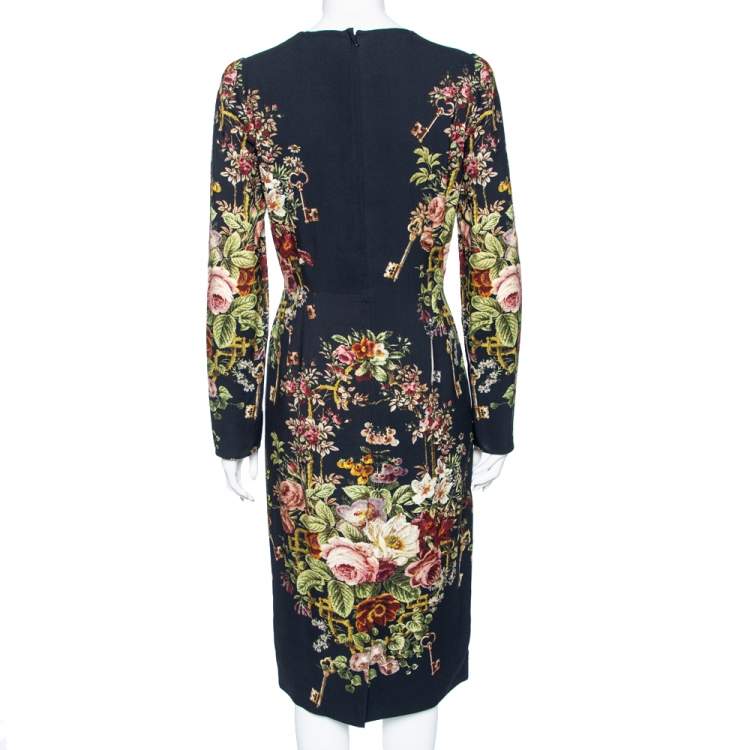 Pre Owned Dolce & Gabbana Black Floral Printed Crepe Long Sleeve Dress L