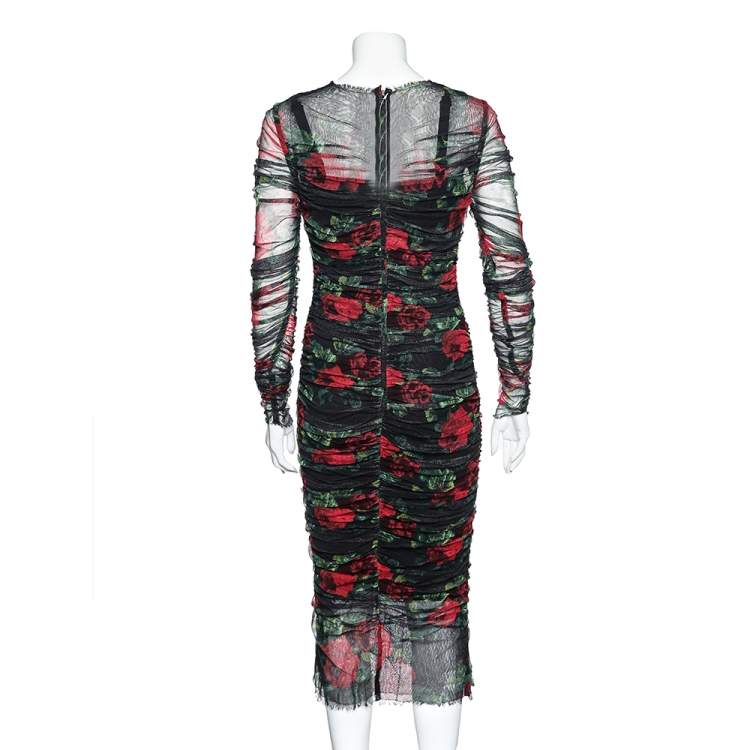 Pre Owned Dolce & Gabbana Black Rose Printed Tulle Ruched Dress L 
