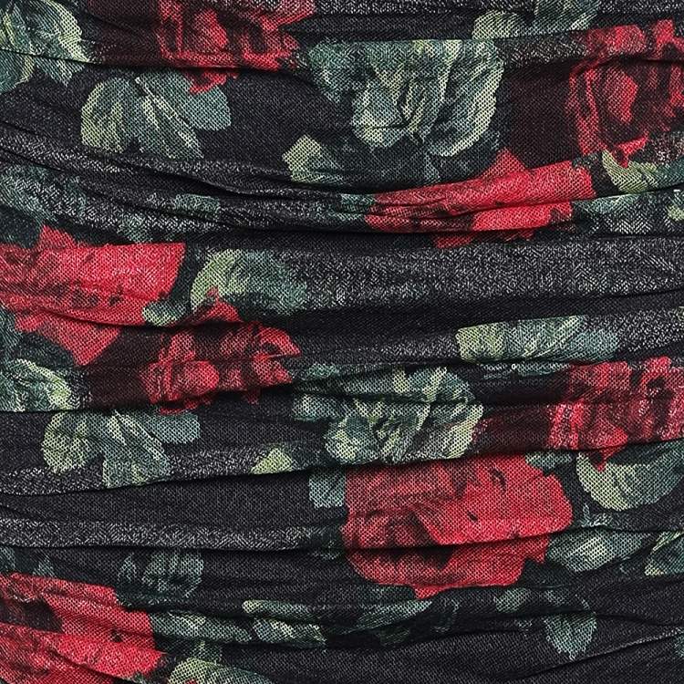 Pre Owned Dolce & Gabbana Black Rose Printed Tulle Ruched Dress L 
