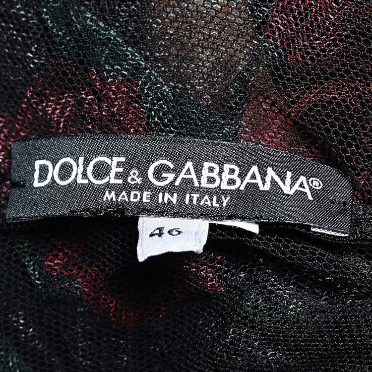 Pre Owned Dolce & Gabbana Black Rose Printed Tulle Ruched Dress L 