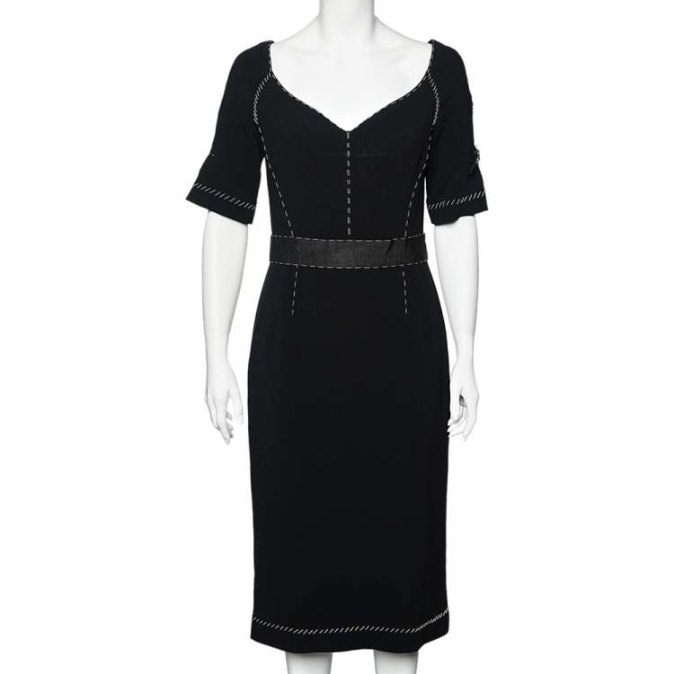 Pre Owned Dolce & Gabbana Black Crepe Contrast Detail Midi Dress L