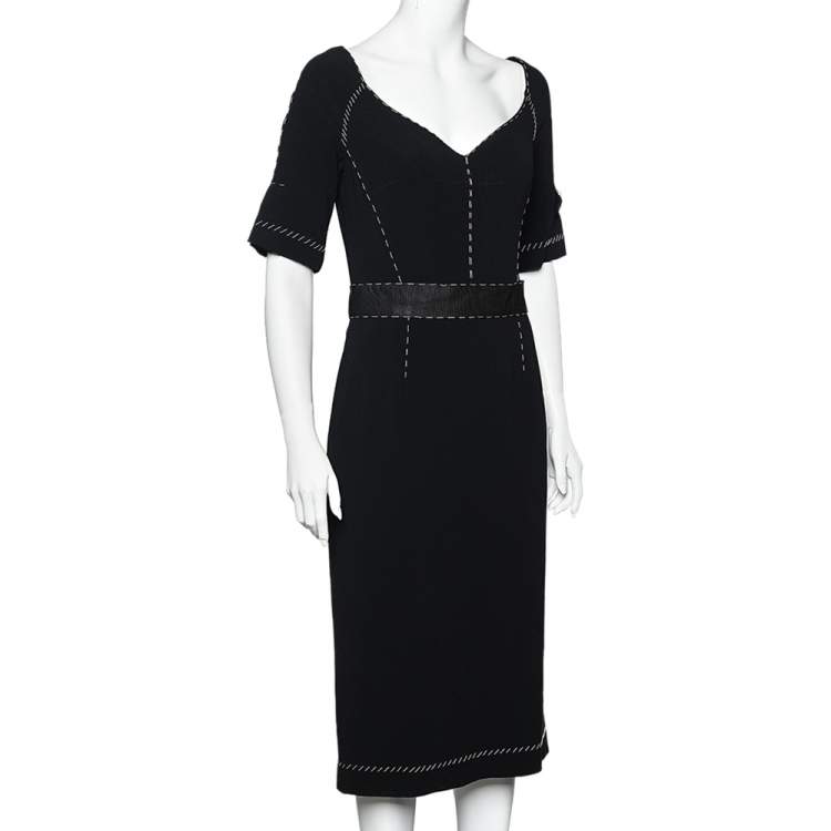 Pre Owned Dolce & Gabbana Black Crepe Contrast Detail Midi Dress L