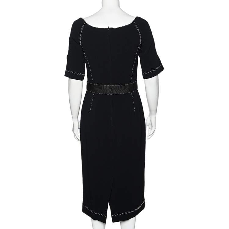 Pre Owned Dolce & Gabbana Black Crepe Contrast Detail Midi Dress L