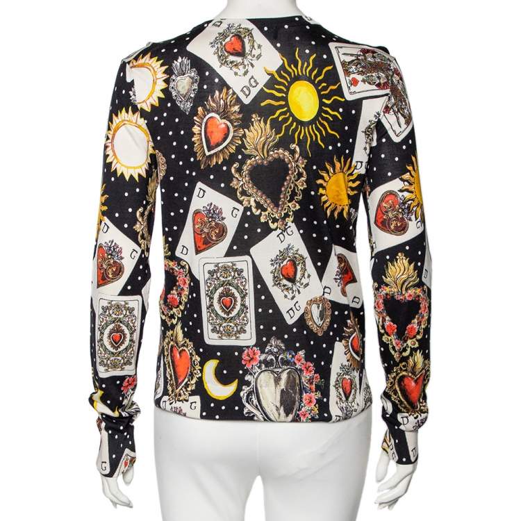 Pre Owned Dolce & Gabbana Multicolored Playing Cards Print Silk Knit Cardigan M