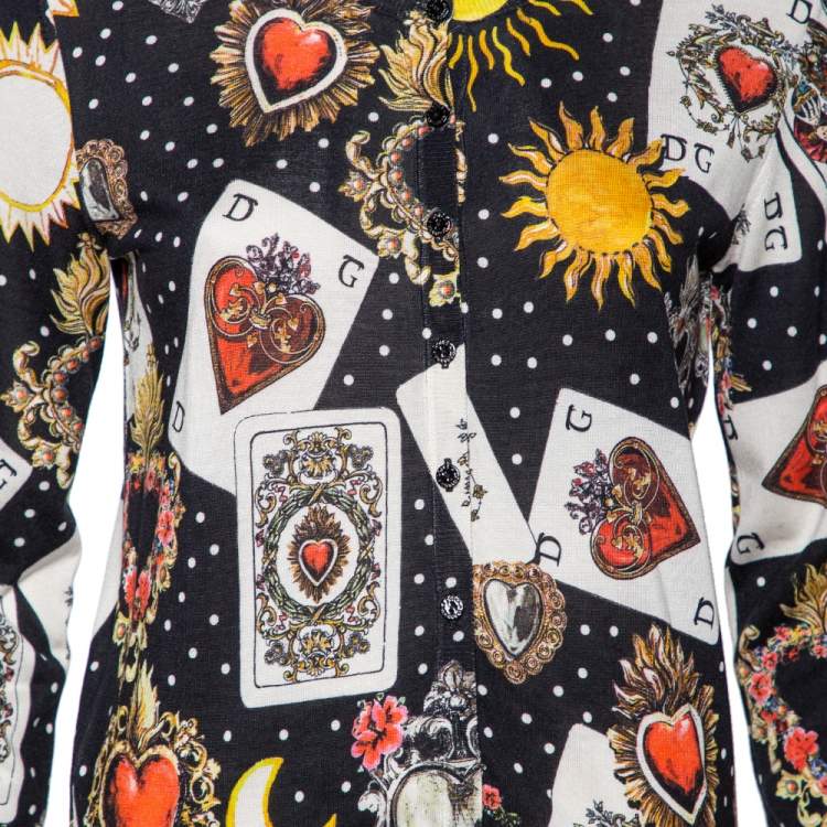 Pre Owned Dolce & Gabbana Multicolored Playing Cards Print Silk Knit Cardigan M