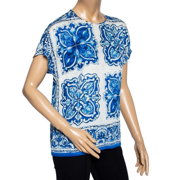 Pre Owned Dolce and Gabbana Blue and White Majolica Printed Blouse M