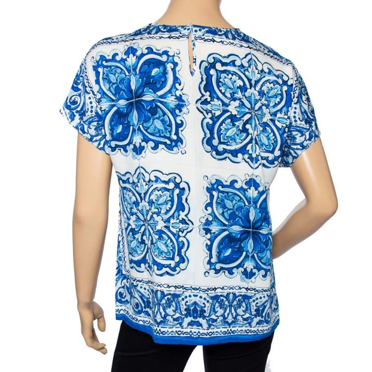 Pre Owned Dolce and Gabbana Blue and White Majolica Printed Blouse M