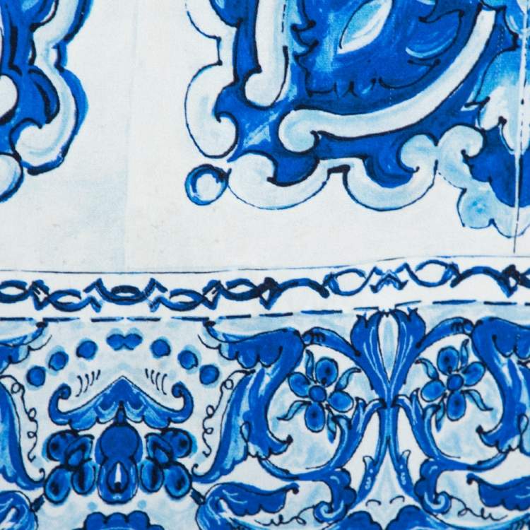 Pre Owned Dolce and Gabbana Blue and White Majolica Printed Blouse M