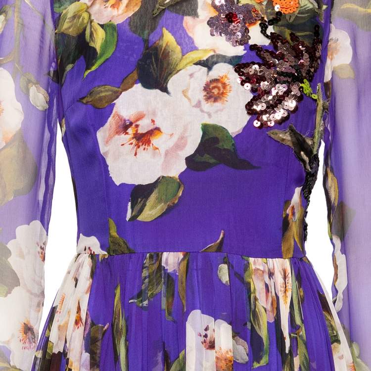Pre Owned Dolce & Gabbana Blue Floral Printed Silk & Embellished Detailed Gown M 