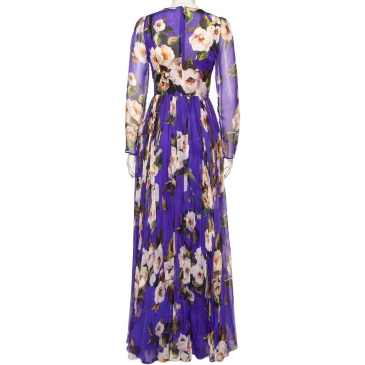 Pre Owned Dolce & Gabbana Blue Floral Printed Silk & Embellished Detailed Gown M 