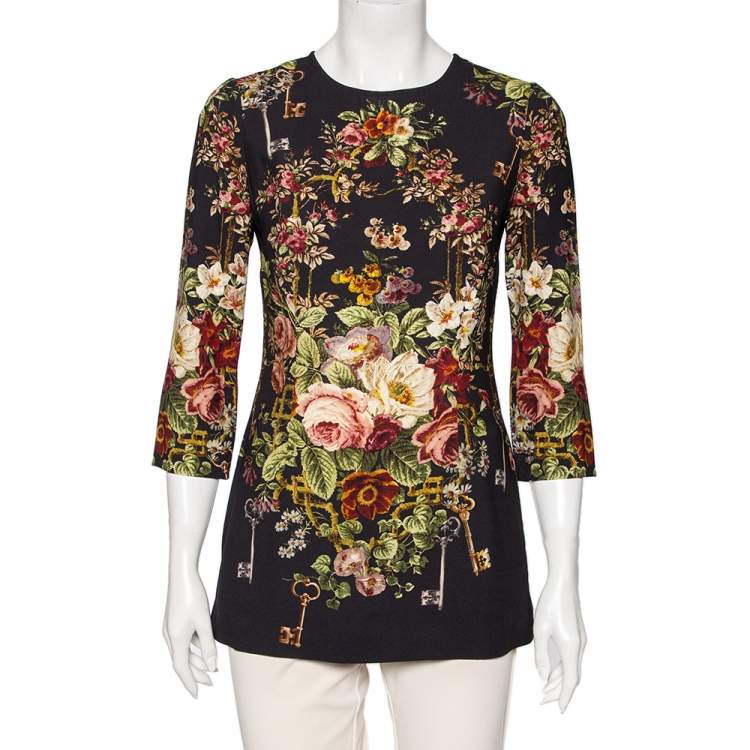 Pre Owned Dolce & Gabbana Black Key and Floral Print Crepe Long Sleeve Top S