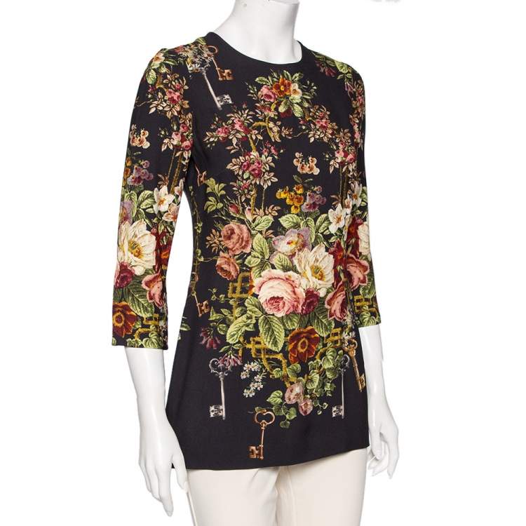 Pre Owned Dolce & Gabbana Black Key and Floral Print Crepe Long Sleeve Top S