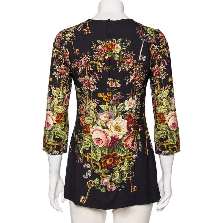 Pre Owned Dolce & Gabbana Black Key and Floral Print Crepe Long Sleeve Top S