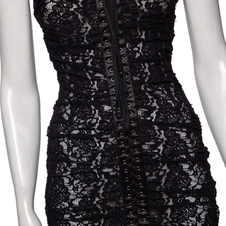 Pre Owned Dolce & Gabbana Black Lace Ruched Sleeveless Mini Dress XS