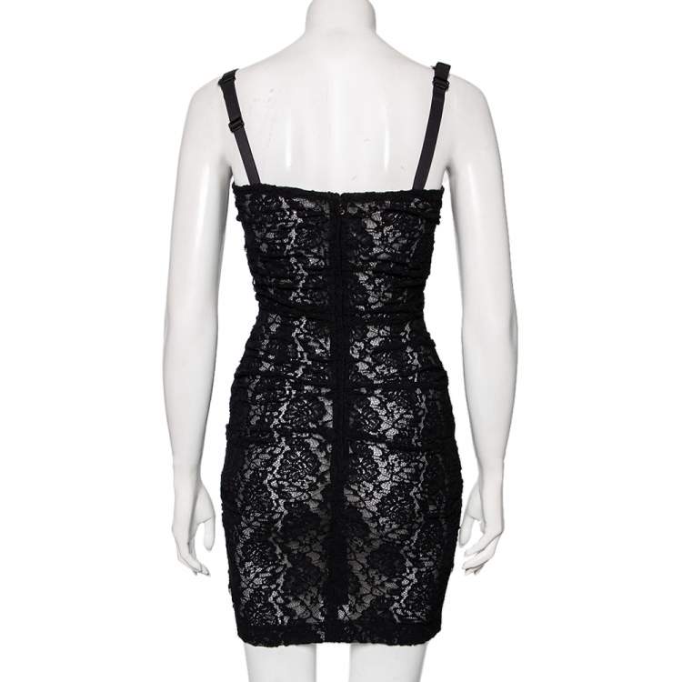 Pre Owned Dolce & Gabbana Black Lace Ruched Sleeveless Mini Dress XS