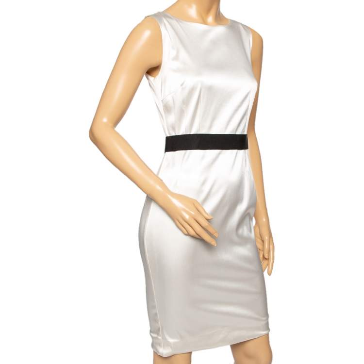 Pre Owned Dolce & Gabbana Ivory Satin Belted Sleeveless Dress M