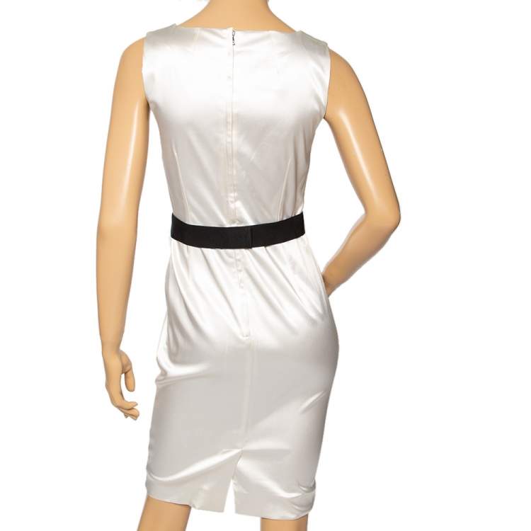 Pre Owned Dolce & Gabbana Ivory Satin Belted Sleeveless Dress M