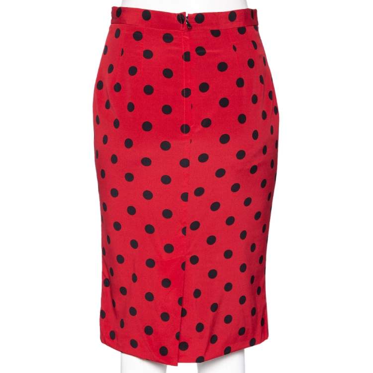 Pre Owned Dolce & Gabbana Red Polka Dot Silk Pencil Skirt S