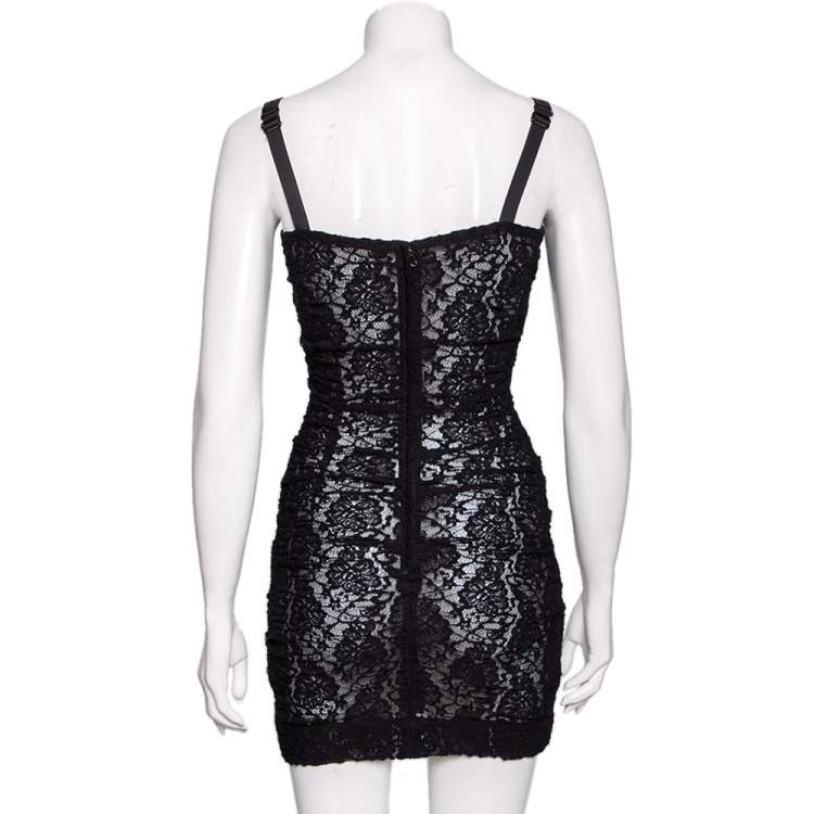 Pre Owned Dolce & Gabbana Black Lace Ruched Sleeveless Mini Dress XS