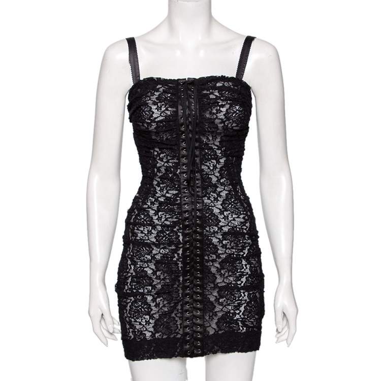 Pre Owned Dolce & Gabbana Black Lace Ruched Sleeveless Mini Dress XS