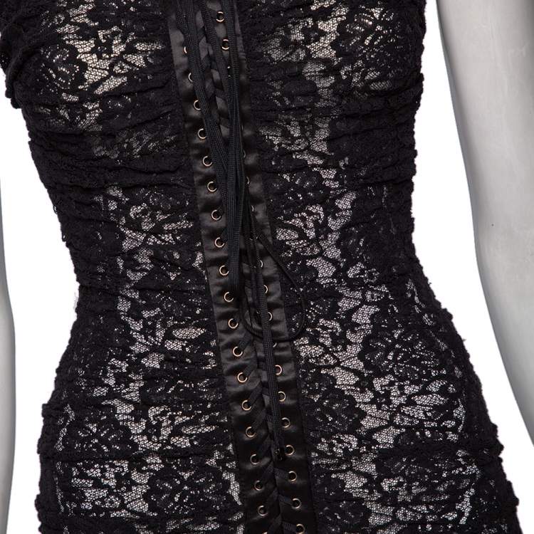 Pre Owned Dolce & Gabbana Black Lace Ruched Sleeveless Mini Dress XS