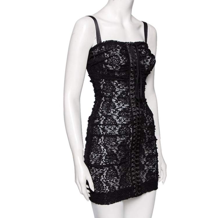Pre Owned Dolce & Gabbana Black Lace Ruched Sleeveless Mini Dress XS