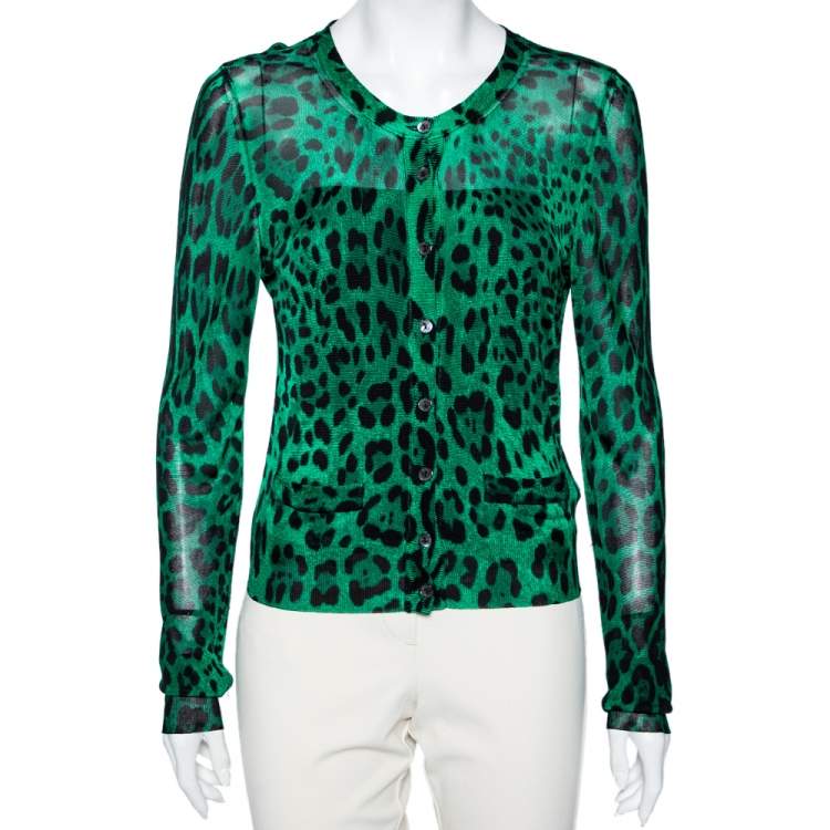 Pre Owned Dolce & Gabbana Green Animal Print Knit Button Front Cardigan M