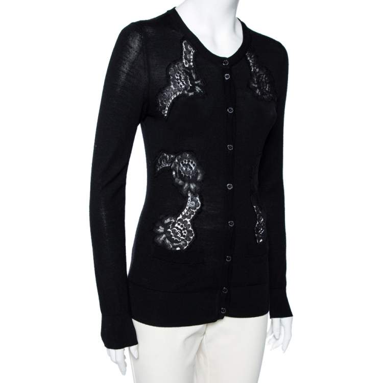 Pre Owned Dolce & Gabbana Black Knit & Lace Inset Button Front Cardigan S
