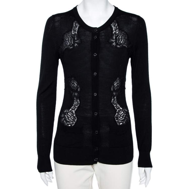 Pre Owned Dolce & Gabbana Black Knit & Lace Inset Button Front Cardigan S
