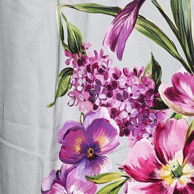 Pre Owned Dolce & Gabbana Grey Floral Printed Crepe Pencil Skirt L