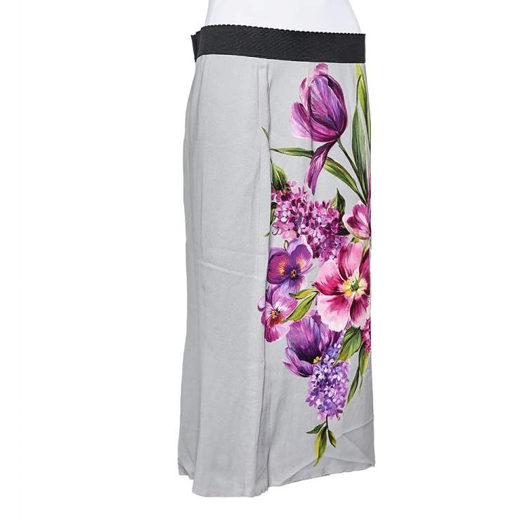 Pre Owned Dolce & Gabbana Grey Floral Printed Crepe Pencil Skirt L