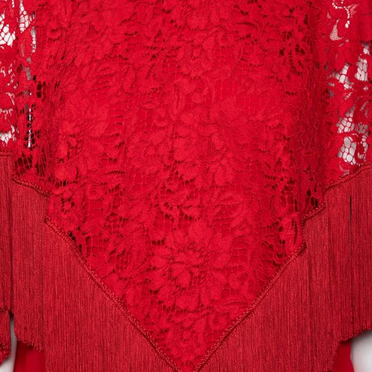 مملوكة مسبقًا Dolce & Gabbana Red Lace Overlay Fringed Poncho Top M
