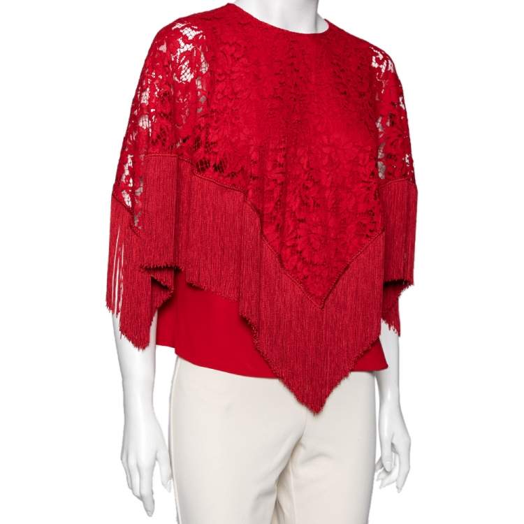 مملوكة مسبقًا Dolce & Gabbana Red Lace Overlay Fringed Poncho Top M