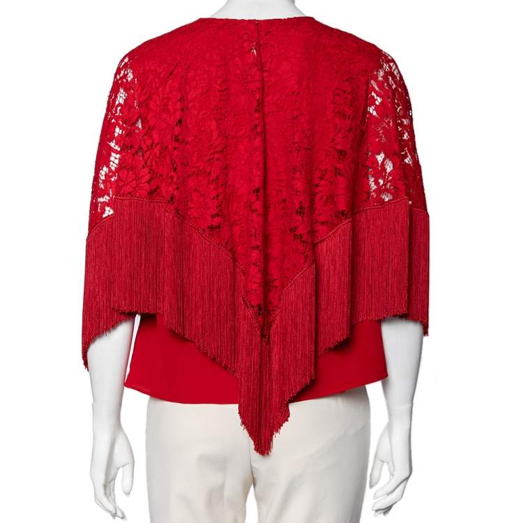 مملوكة مسبقًا Dolce & Gabbana Red Lace Overlay Fringed Poncho Top M