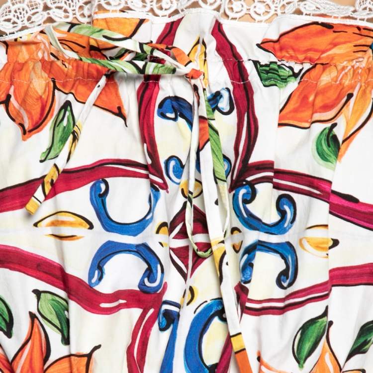 مملوكة مسبقًا Dolce & Gabbana Multicolored Printed Cotton & Lace Trimmed Cropped Top M