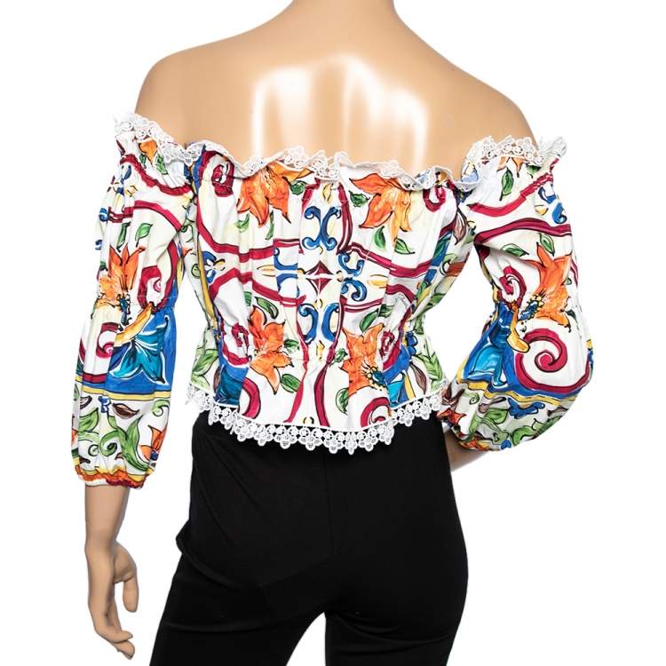 مملوكة مسبقًا Dolce & Gabbana Multicolored Printed Cotton & Lace Trimmed Cropped Top M